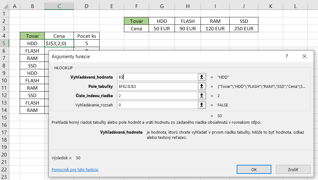 Hlookup funkcia v Exceli