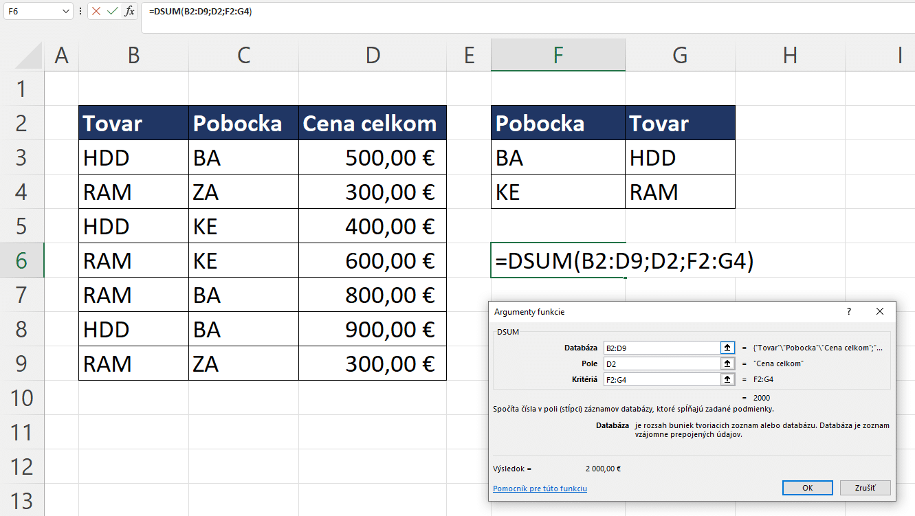 DSUM funkcia príklad