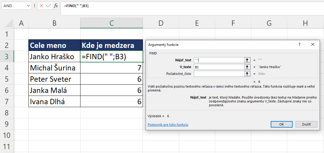 FIND funkcia - príklad