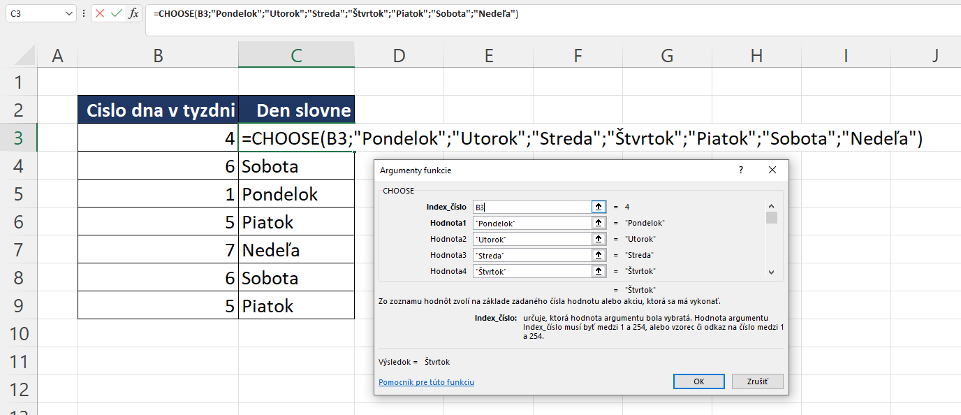 Funkcia CHOOSE a dni v týždni