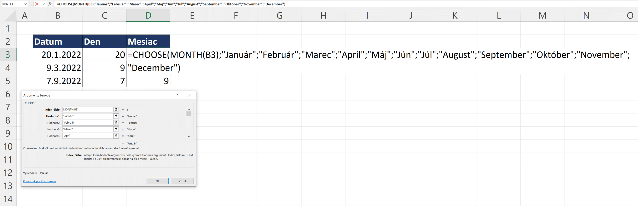 MONTH a CHOOSE funkcie