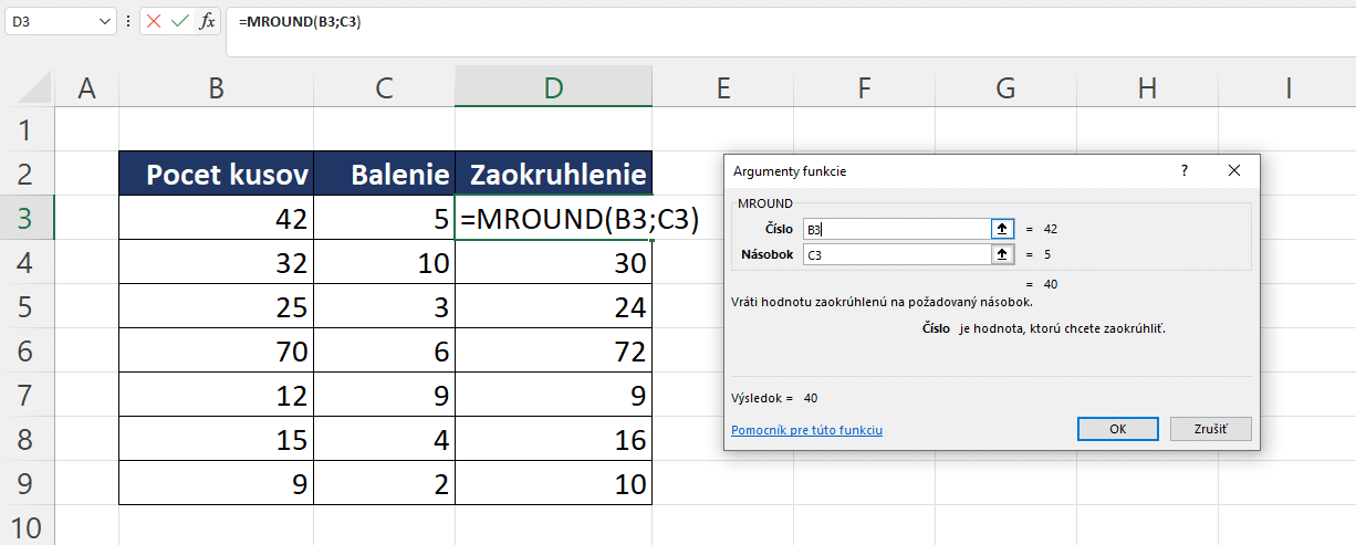 MROUND funkcia príklad