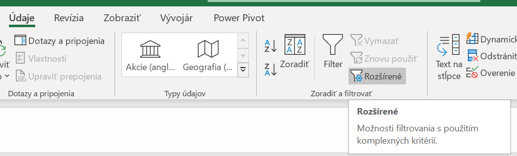 Rozšírený filter v Exceli