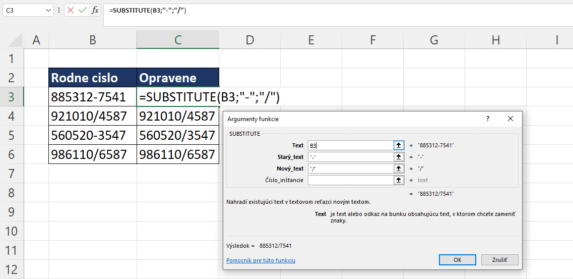 SUBSTITUTE funkcia - príklad