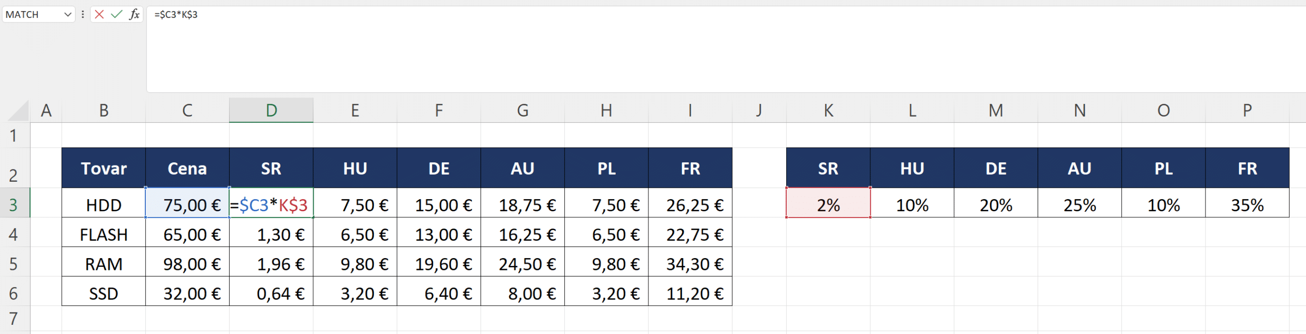 Ukotvenie len riadka alebo len stĺpca - príklad