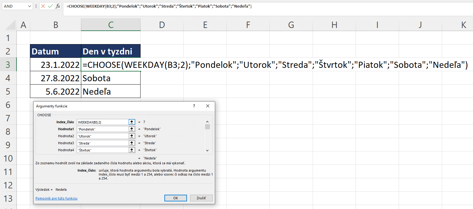 WEEKDAY a CHOOSE funkcia
