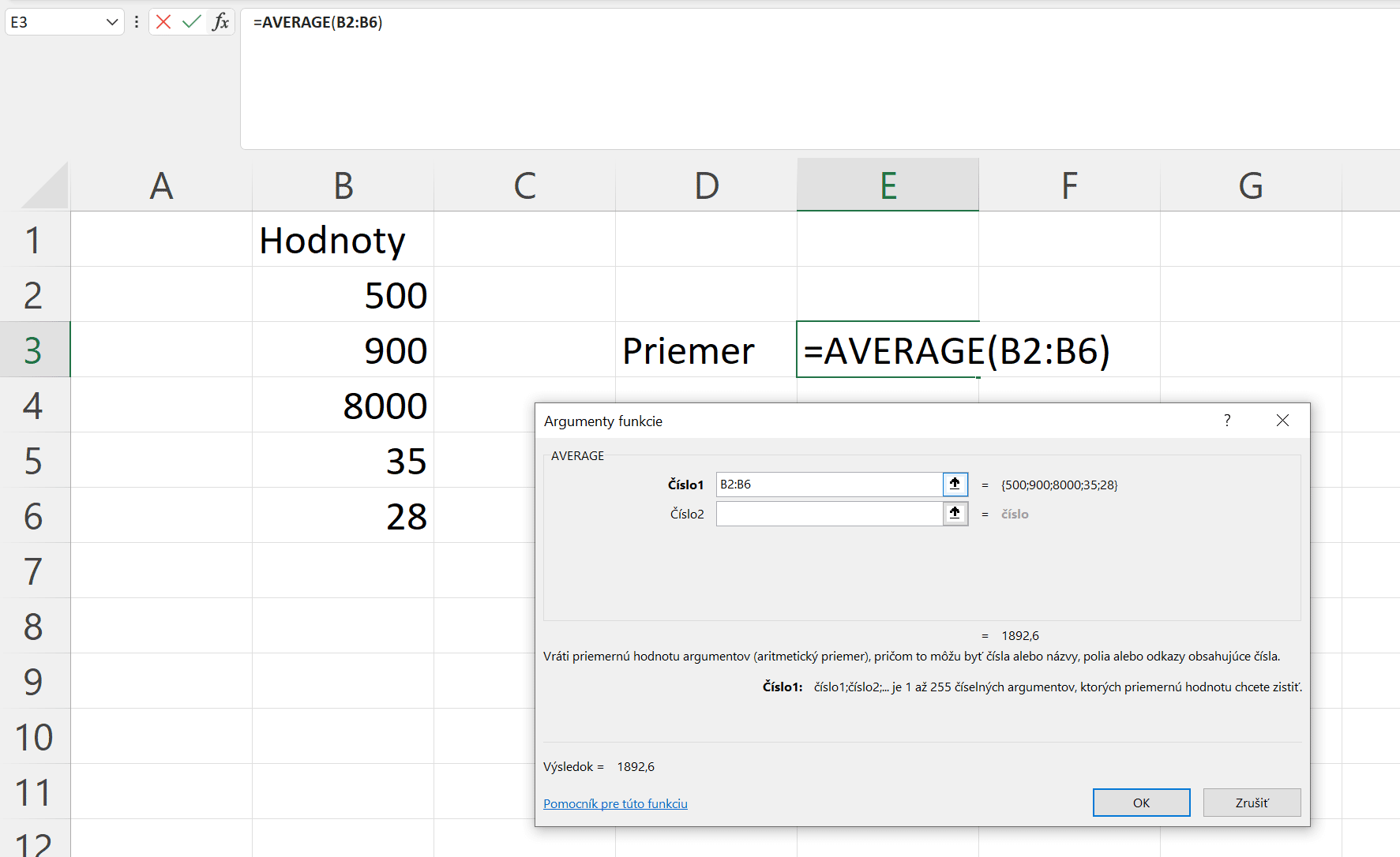 funkcia average v Exceli